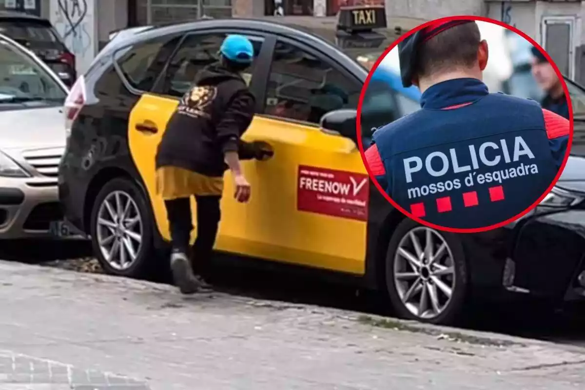 Muntatge d'home robant un taxi al carrer Còrdova de Badalona i cercle amb agent de Mossos d'Esquadra d'esquena