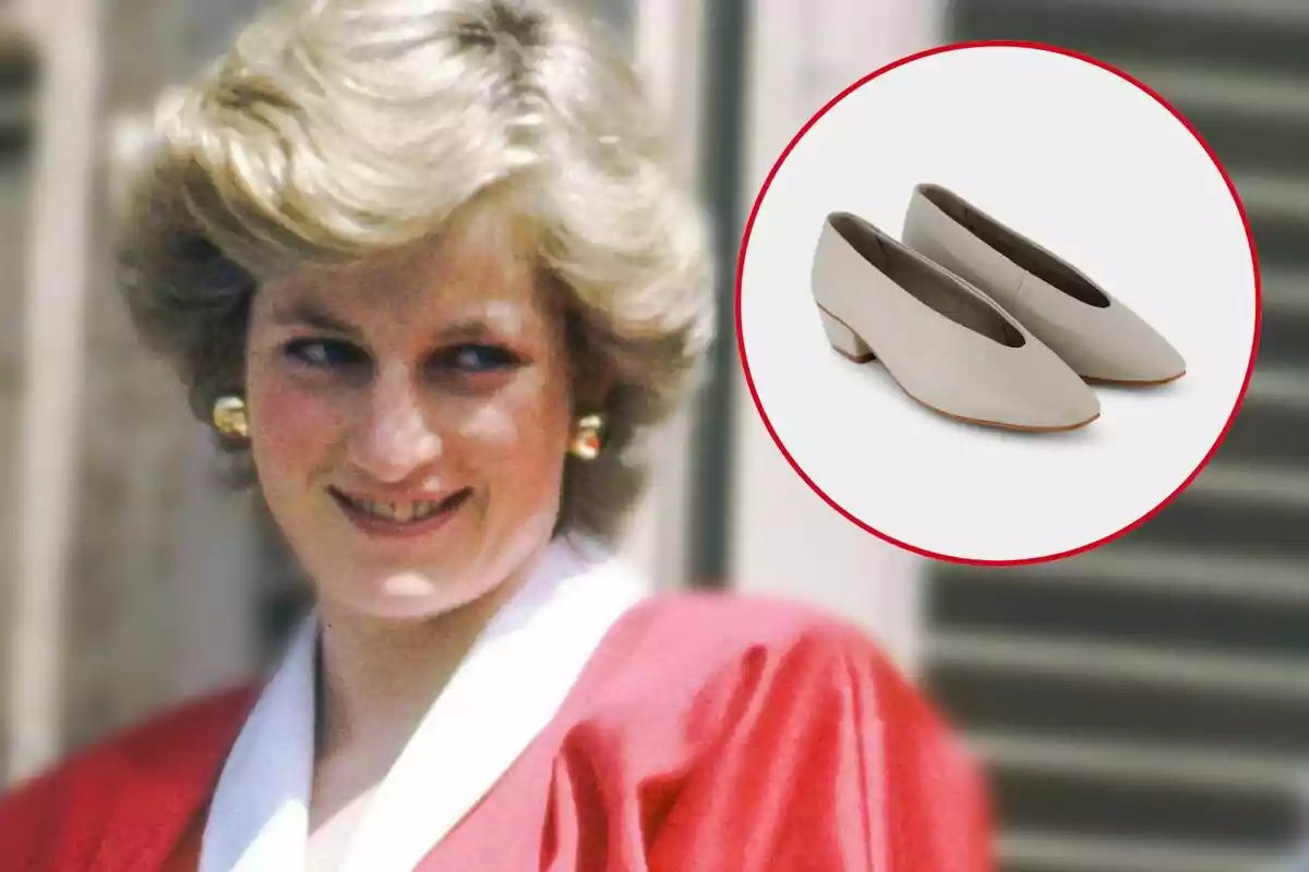 Una persona amb cabell ros i arracades daurades somriu mentre porta una peça de roba vermella i blanca; a la dreta, hi ha un cercle que mostra un parell de sabates blanques de taló baix. Una persona amb cabell ros i arracades daurades somriu mentre porta una peça de roba vermella i blanca; a la dreta, hi ha un cercle que mostra un parell de sabates blanques de taló baix.