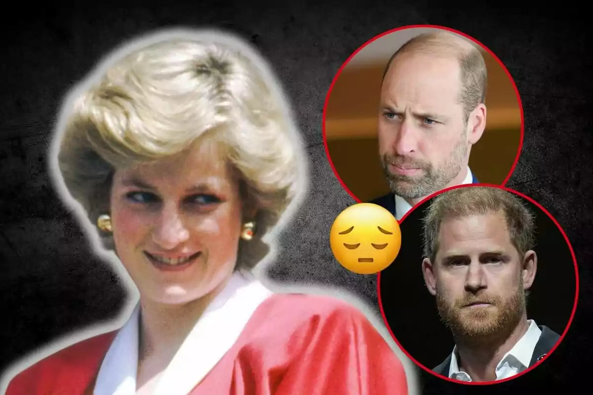 Lady Di somrient en primer pla amb el príncep Guillem i el príncep Harry en cercles vermells al fons i un emoji de cara pensativa entre ells.