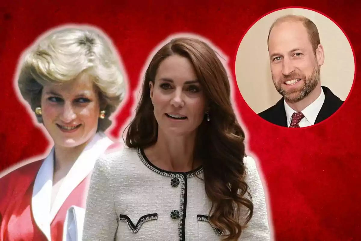 Lady Di, Kate Middleton, and Prince William in a photo montage with a red background.