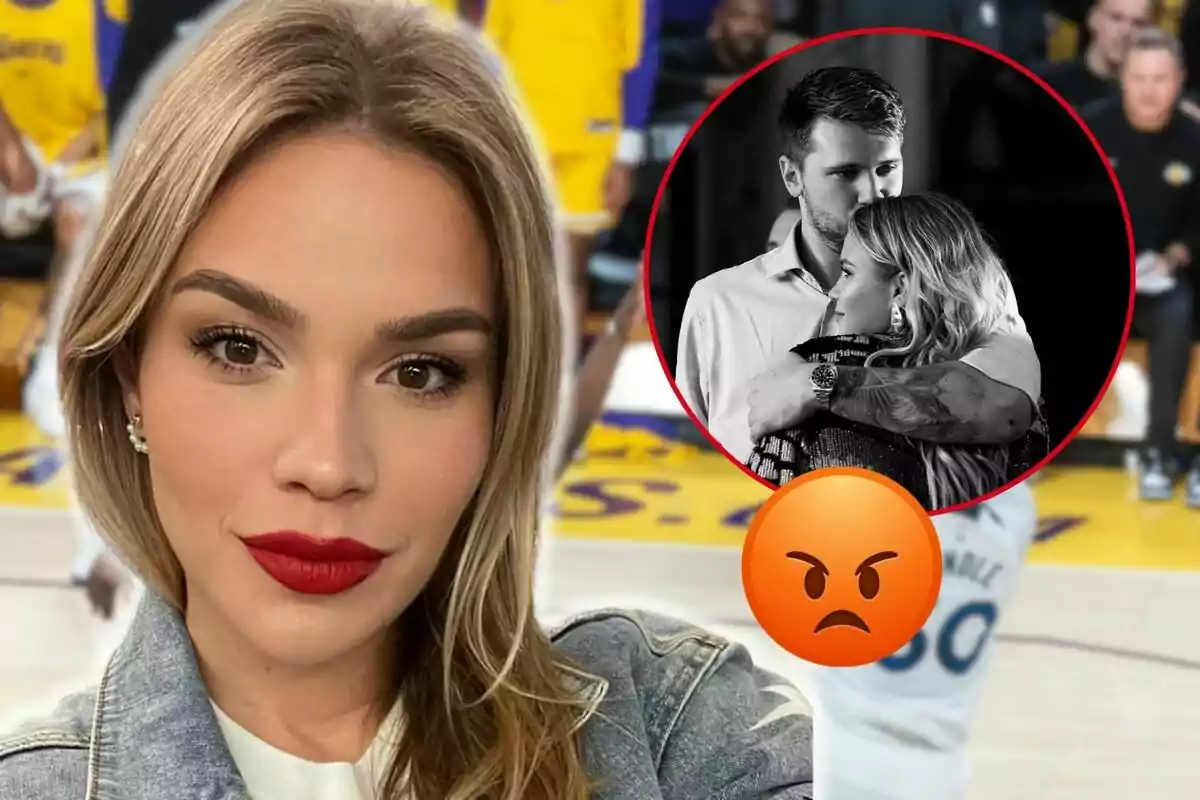 Anamaria Goltes with red lips takes a selfie at a sporting event; in the top right corner, there's a circle with a black and white image of her and Luka Doncic hugging and an angry emoji overlaid.