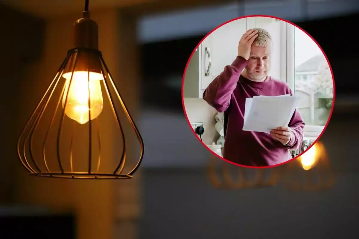 A lit light bulb in the foreground and a worried man looking at a bill inside a red circle.