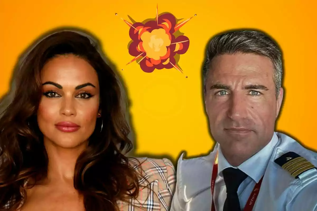 Lara Álvarez and Perico Durán pose in front of a yellow background with an explosion illustration in the center.