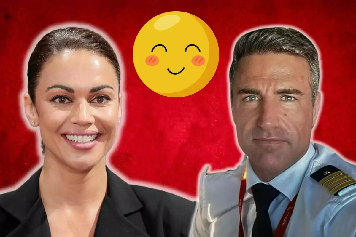 Lara Álvarez and Perico Durán smiling with a happy emoji in the center on a red background.