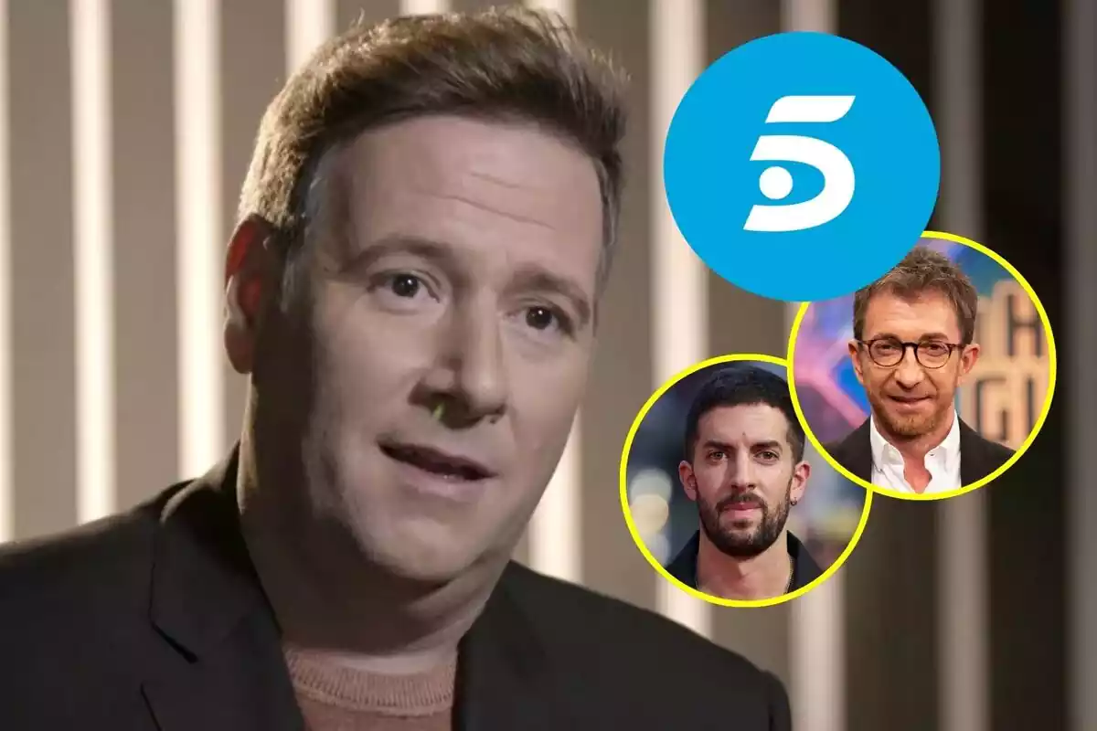 Montaje de Carlos Latre con el logo de Telecinco junto a las fotografías de Pablo Motos y David Broncano