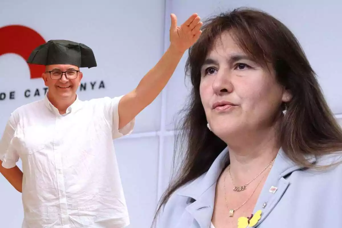 Muntatge amb un primer pla de Laura Borràs amb una foto a mig cos de Xavier Rius somrient