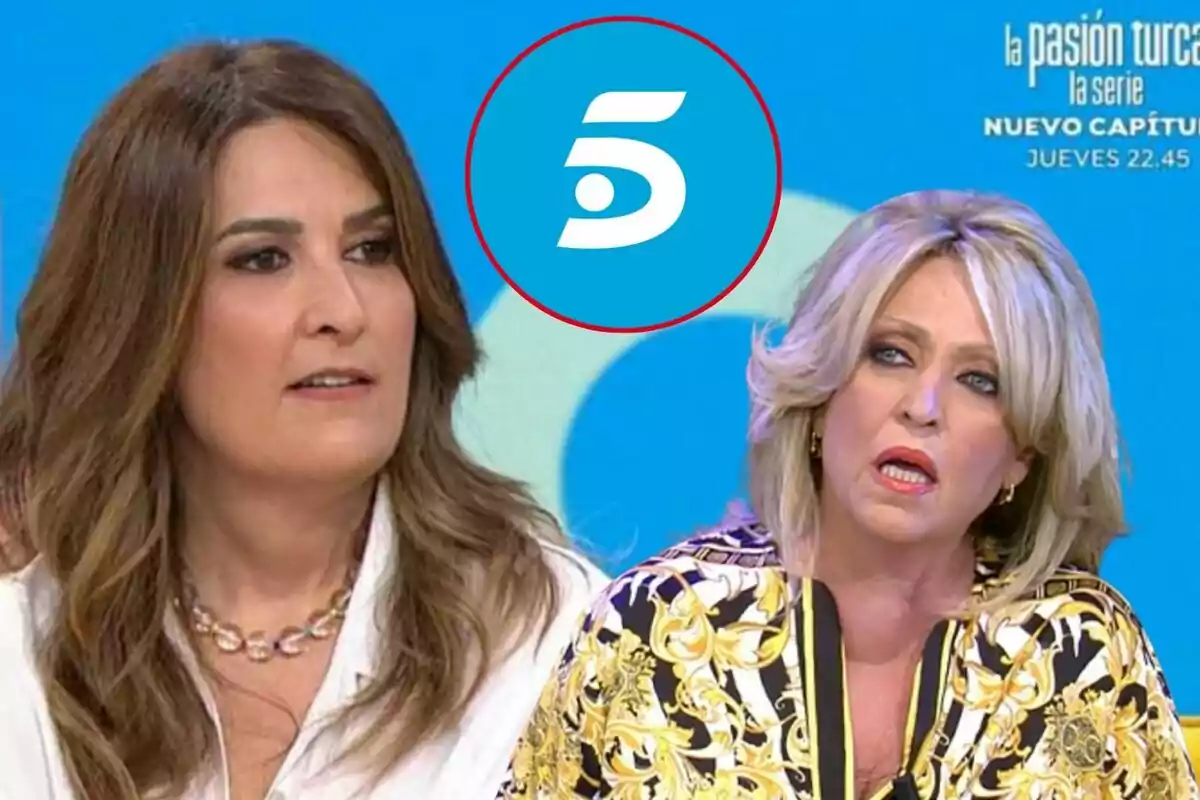 Laura Fa i Lydia Lozano en un programa de televisió amb el logotip de Telecinco al centre i un anunci d'una sèrie a la cantonada superior dreta.