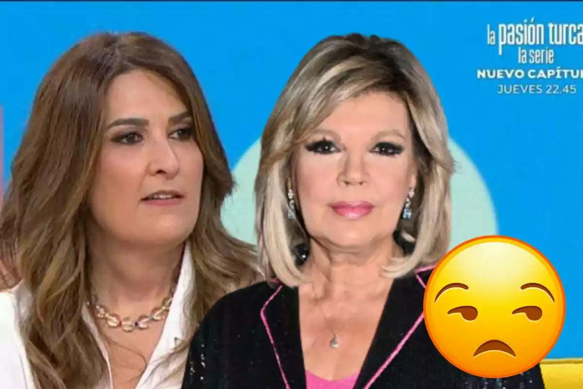 Terelu Campos i Laura Fa en un programa de televisió amb un emoji de cara de desgrat en primer pla.