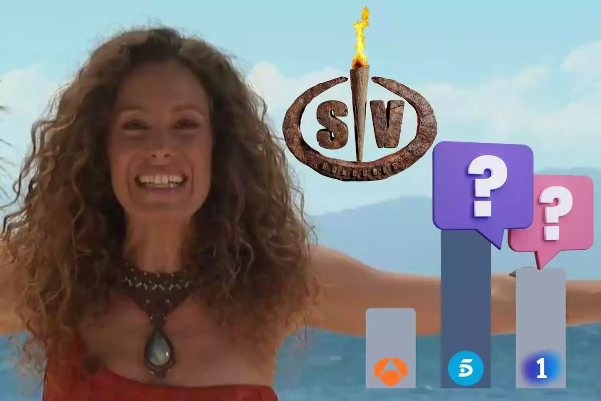 Muntatge de Laura Madrueño somrient amb un collaret amb una pedra, el logotip de 'Supervivientes, un gràfic de barres amb els logos d'Antena 3, Telecinco i La 1 i uns interrogants