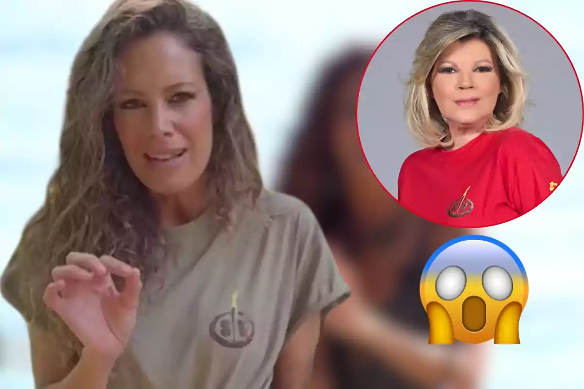 Una mujer con cabello rizado y camiseta beige aparece en primer plano, mientras que en la esquina superior derecha hay un recuadro con otra mujer de cabello rubio y camiseta roja, junto a un emoji de sorpresa.