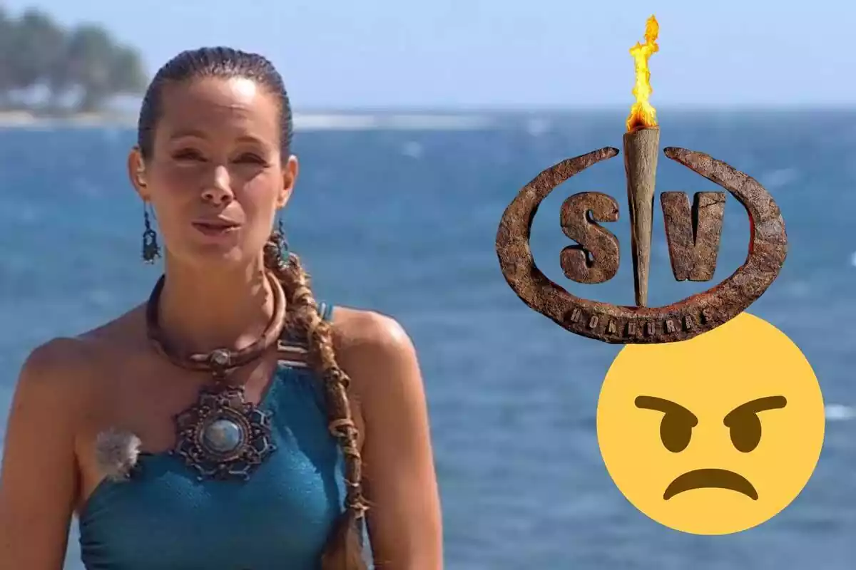 Muntatge de Laura Madrueño parlant amb una trena al costat i banyador blau, el logo de 'Supervivientes' i un emoji enfadat