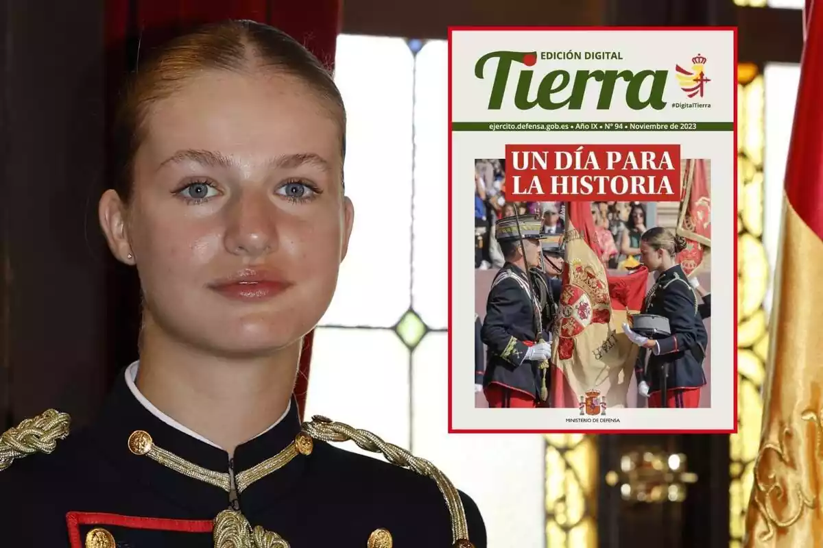 Muntatge amb un plànol de Leonor al Dia de la Jura de Bandera i la portada del mitjà Edició Digital Terra