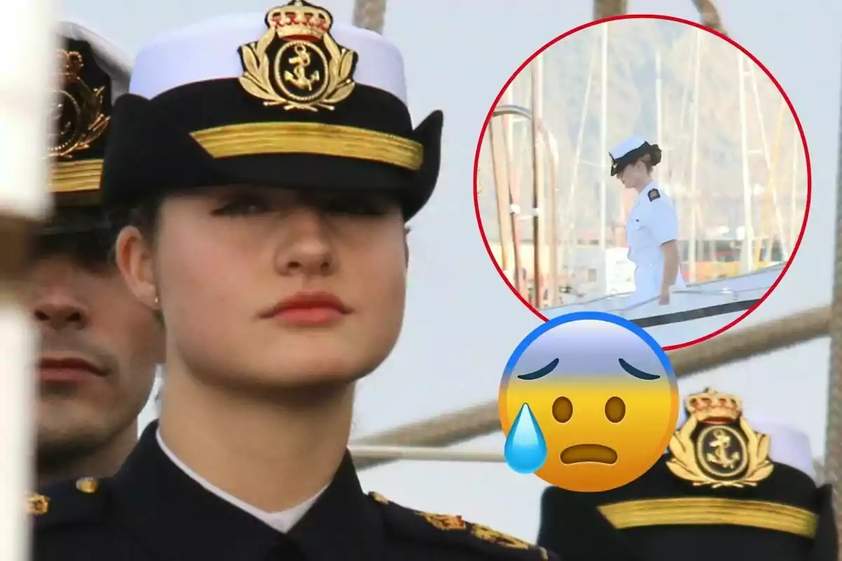 Leonor amb uniforme naval i gorra, amb un cercle que mostra una imatge més petita de la mateixa persona en un vaixell, al costat d'un emoji de cara preocupada.