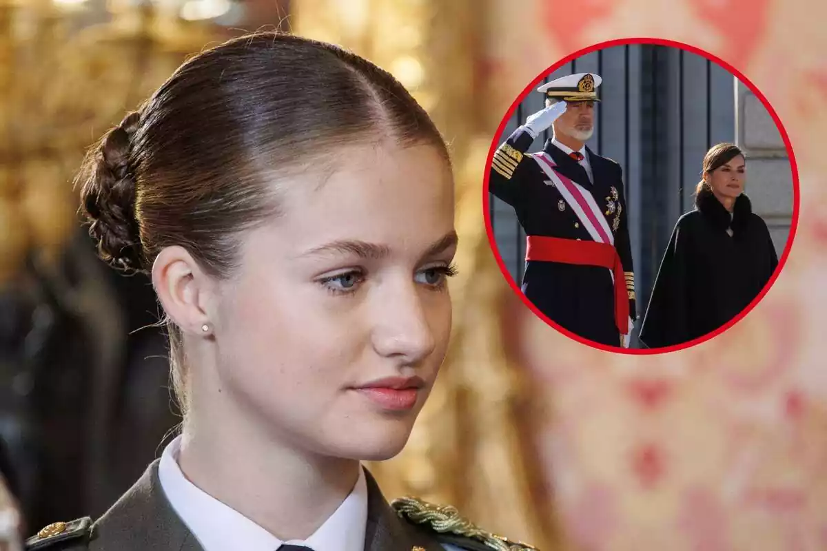 Muntatge amb Leonor mirant de banda, Felip VI saludant amb l'uniforme militar i Letizia somrient
