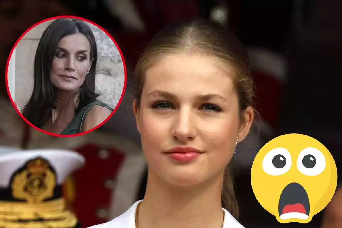 Muntatge de Leonor amb rostre neutre, Letizia mirant de banda seriosa i un emoji sorprès