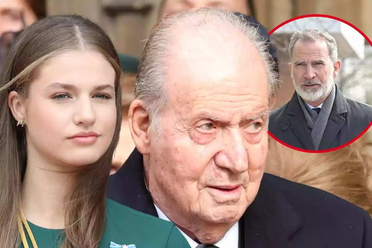 Muntatge de Leonor seria amb els cabells al vent, Joan Caros I seriós mirant de banda i Felip VI seriós amb una bufanda grisa