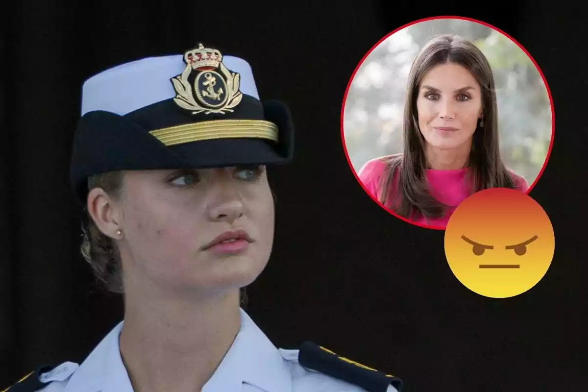 Leonor amb uniforme naval i un requadre amb la cara de Letizia al costat d'un emoji d'enuig.