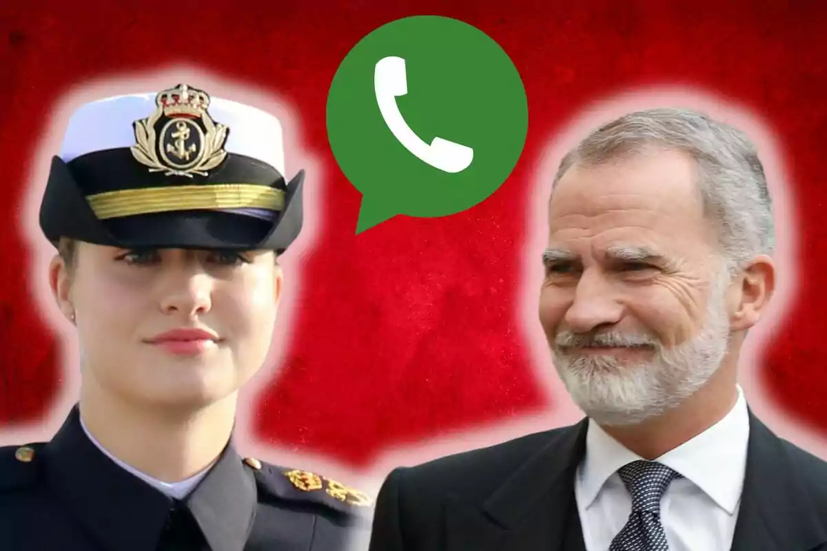 La princesa Leonor amb uniforme militar i Felip VI amb vestit formal apareixen a la imatge, amb una icona de WhatsApp al centre sobre un fons vermell.