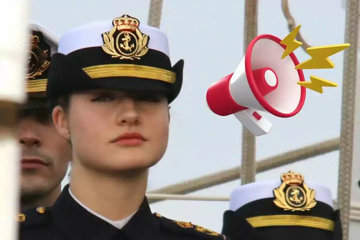 Leonor amb uniforme naval i un megàfon il·lustrat al costat.