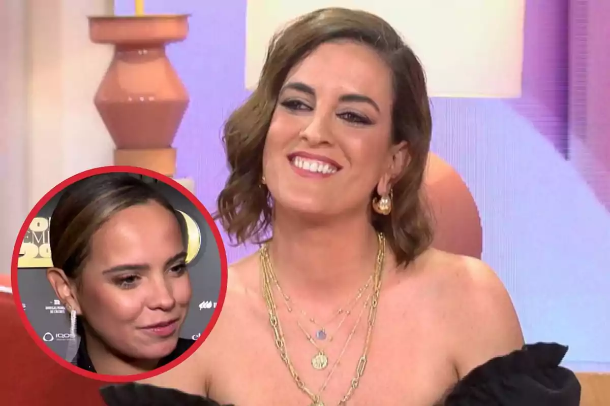 Montaje con Leticia Requejo, sonriente en un plató, y Gloria Camila, dentro de un círculo rojo