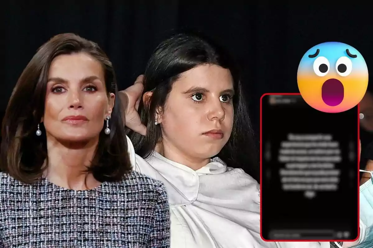 Letizia i Carla Vigo posen per a la càmera, Letizia amb expressió seriosa i Carla amb una expressió neutral, mentre un emoji sorprès i un missatge borrós en un telèfon mòbil es troben al costat dret de la imatge.