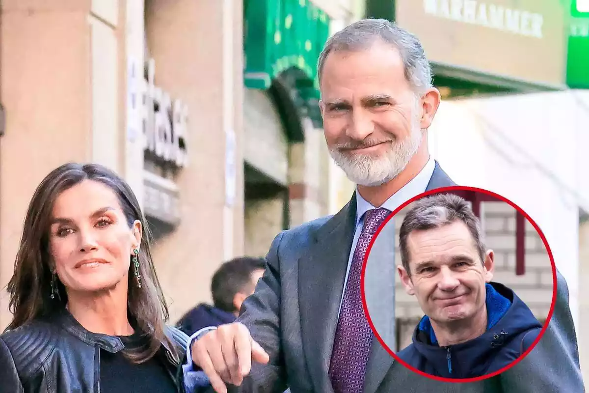 Muntatge amb Letizia i Felipe junts somrient al carrer i Iñaki Urdangarin somrient amb una jaqueta blava