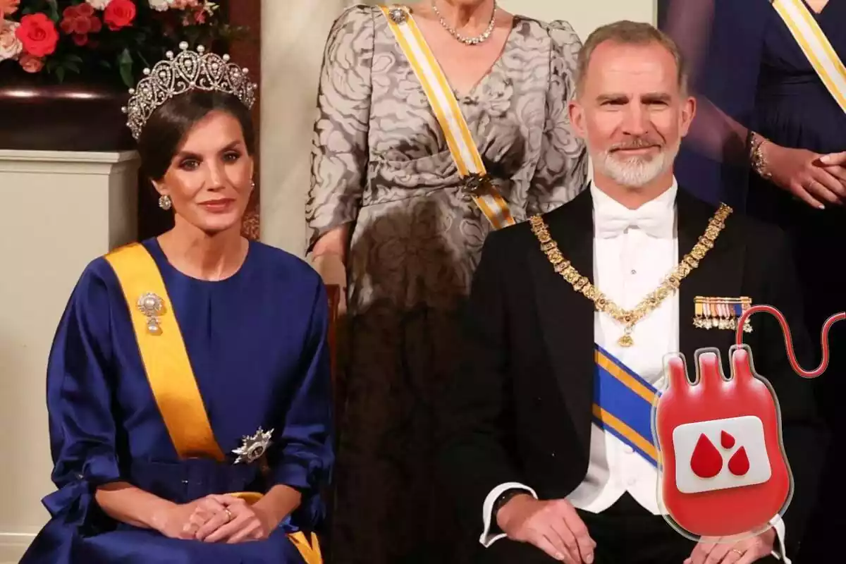 Muntatge de Letizia somrient amb una corona, un vestit blau i les mans juntes amb Felip VI somrient en vestit negre i una bossa de sang