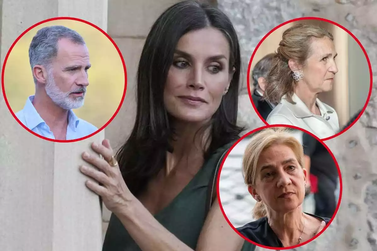 Muntatge de la reina Letizia amb una mà a la paret i el rei Felip VI, la infanta Elena i la infanta Cristina