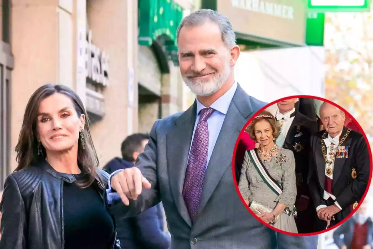 Muntatge amb Letizia i Felipe junts somrient i la reina Sofia amb Joan Carles I vestits de forma oficial