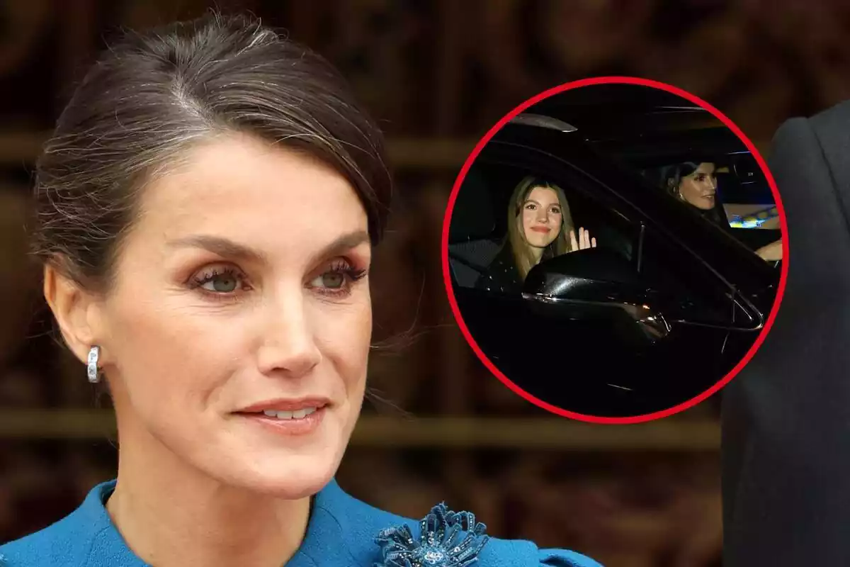 Muntatge de la reina Letizia amb rostre neutre mirant de banda i una imatge al cotxe amb la infanta Sofia