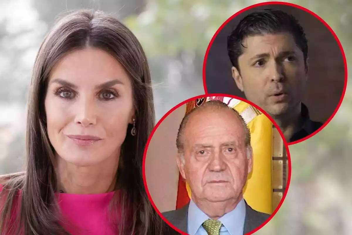 Muntatge en primer pla de Letizia amb rostre neutre, Ángel Cristo parlando i Juan Carlos I seriós