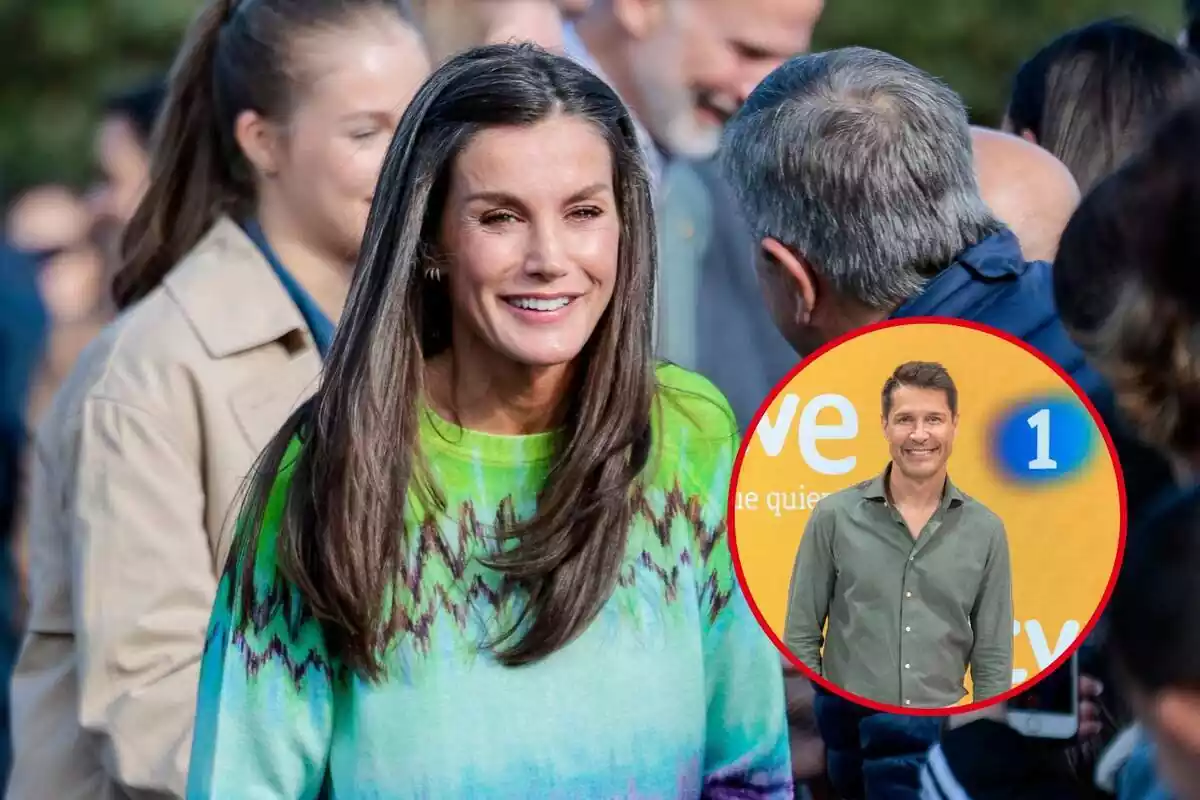 Muntatge amb la reina Letizia rient amb un jersei de colors i Jaume Cantizano en un photocall