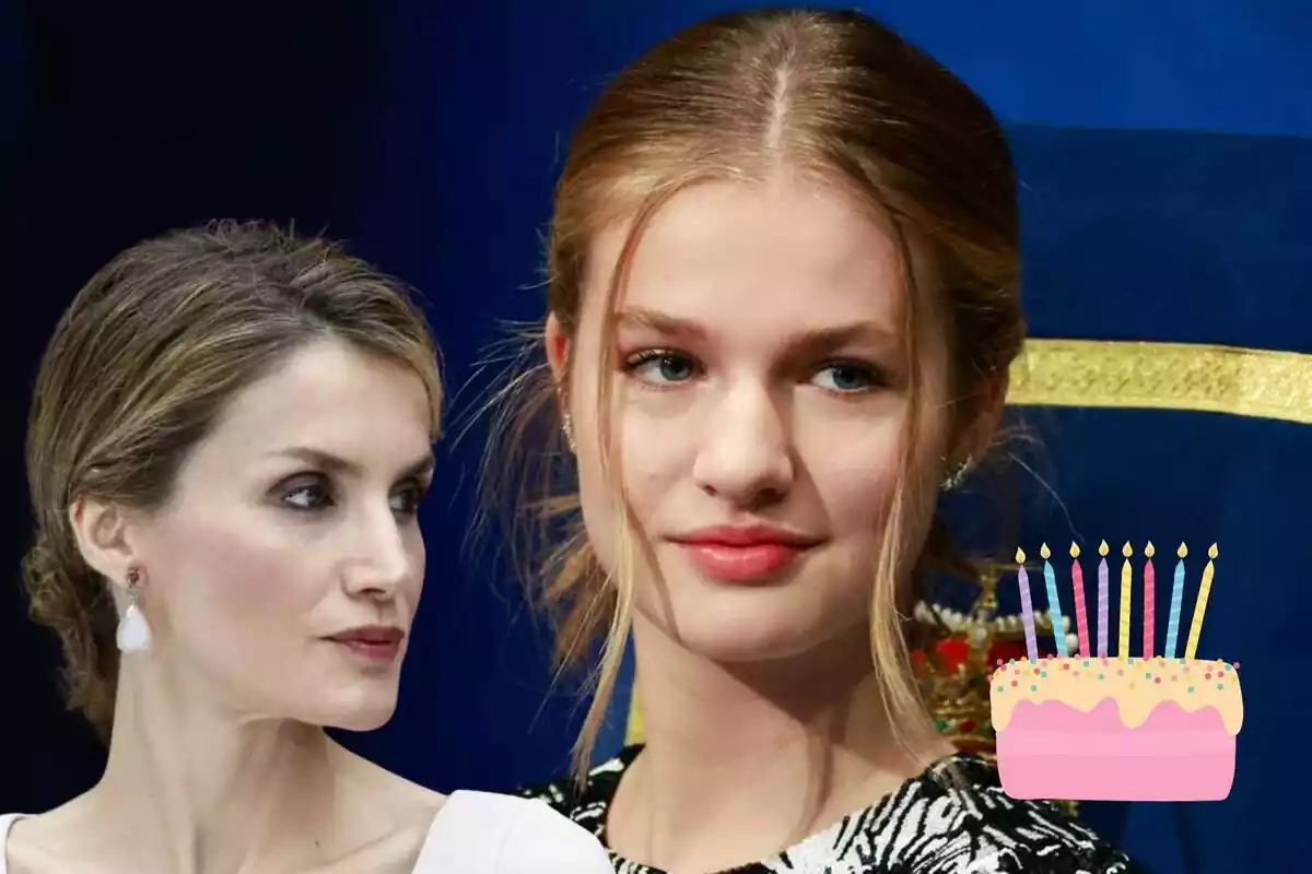 Muntatge de primer pla de la reina Letizia de perfil seriosa i Leonor amb rostre neutre i un pastís d'aniversari