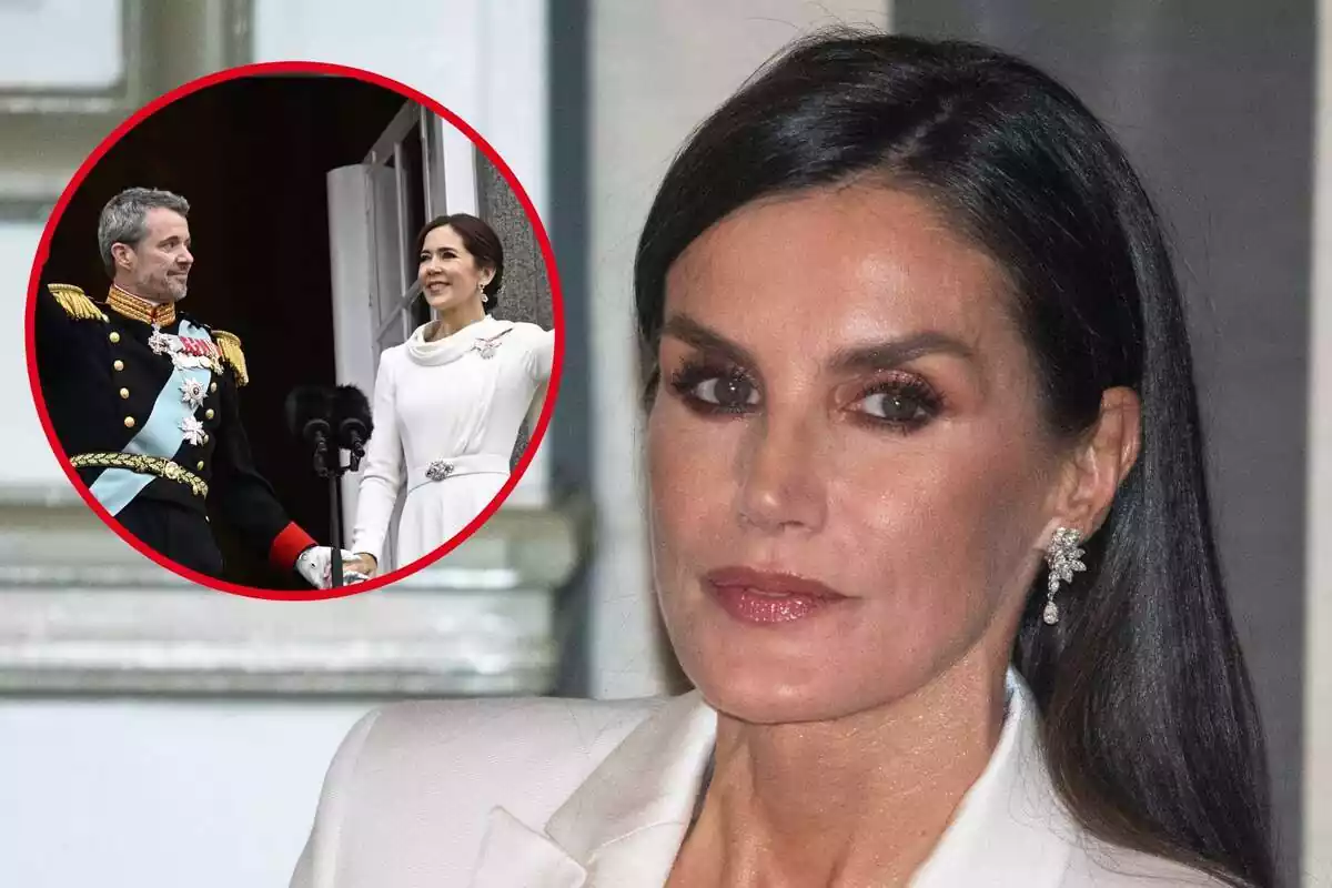 Muntatge amb Letizia seriosa amb una americana blanca i Federico mirant Mary de Dinamarca