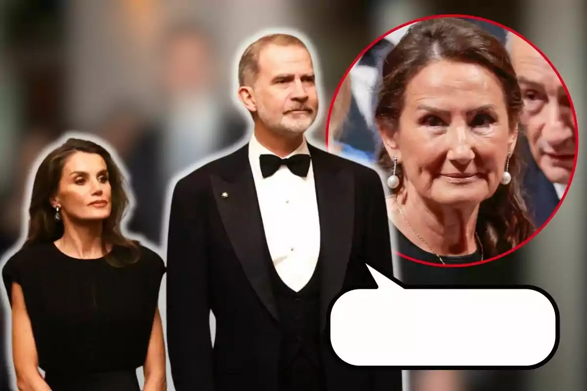 Letícia i Felip VI vestida de gala camina mentre Paloma Rocasolano en un cercle vermell els observa amb una expressió neutral.