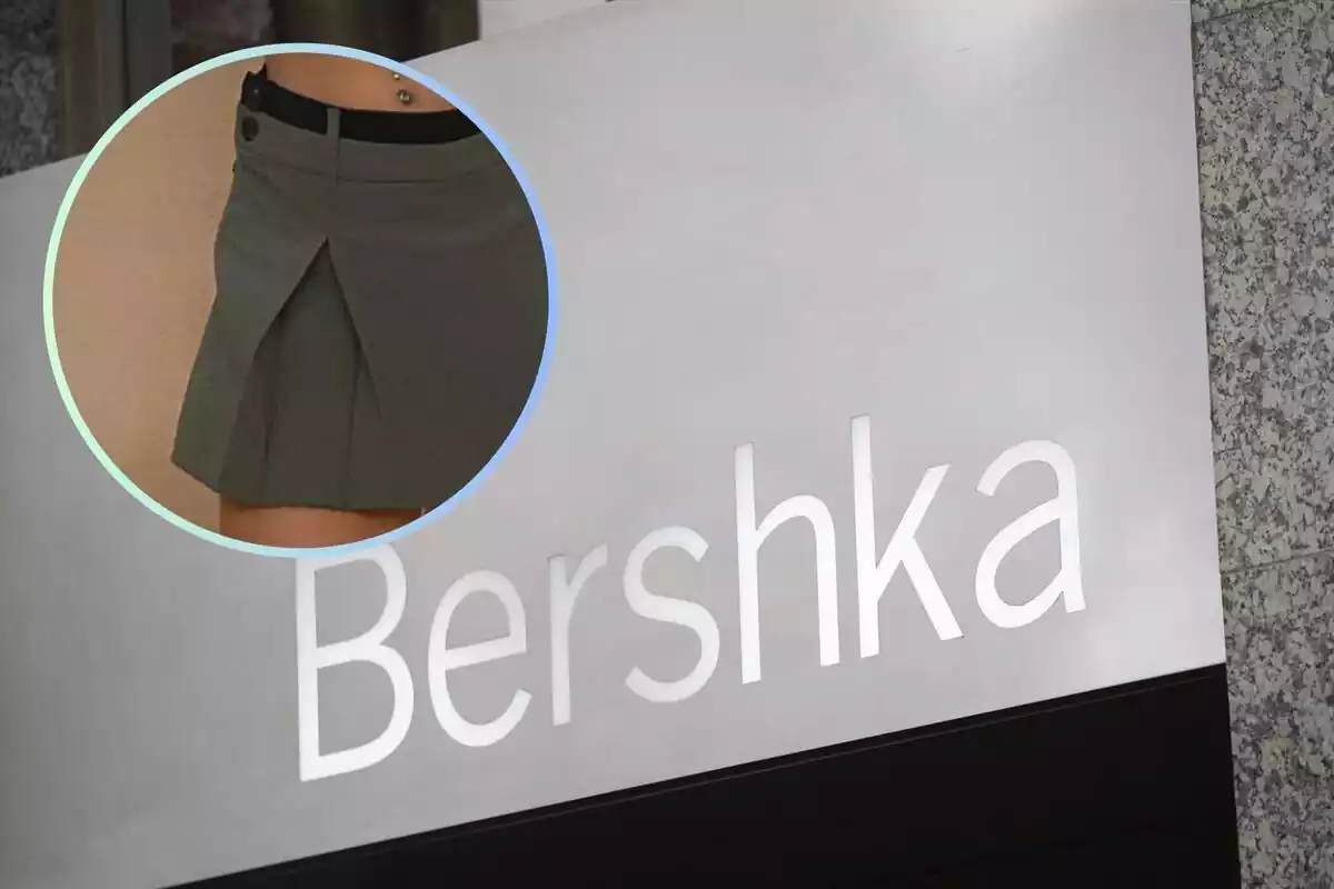 Muntatge amb el rètol d'una botiga de Bershka i un cercle amb la falda pantalons que ha llançat la cadena