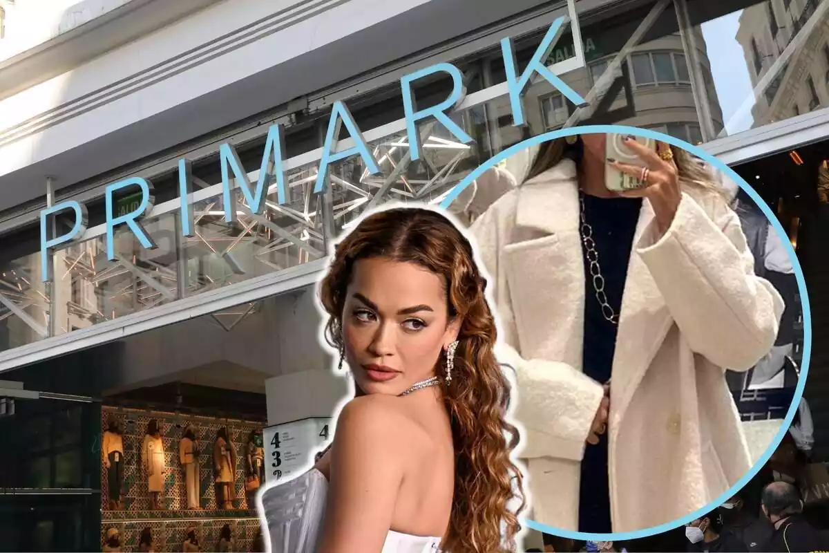 Muntatge amb el rètol de Primark de fons, un cercle amb una noia amb l'abric extrallarg i el rostre de Rita Ora al centre