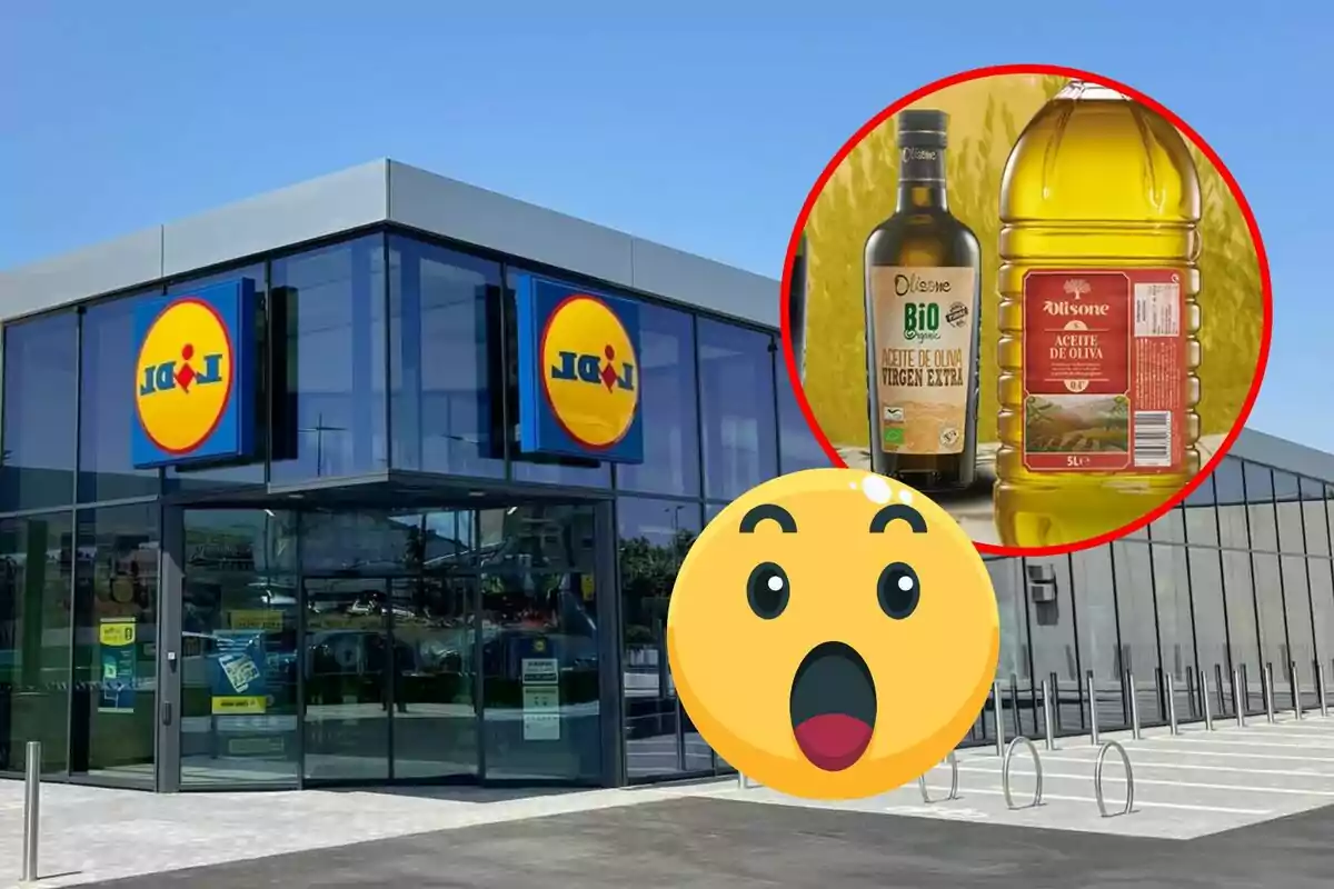 Façana d´una botiga Lidl amb un cercle que mostra ampolles d´oli d´oliva i un emoji sorprès.