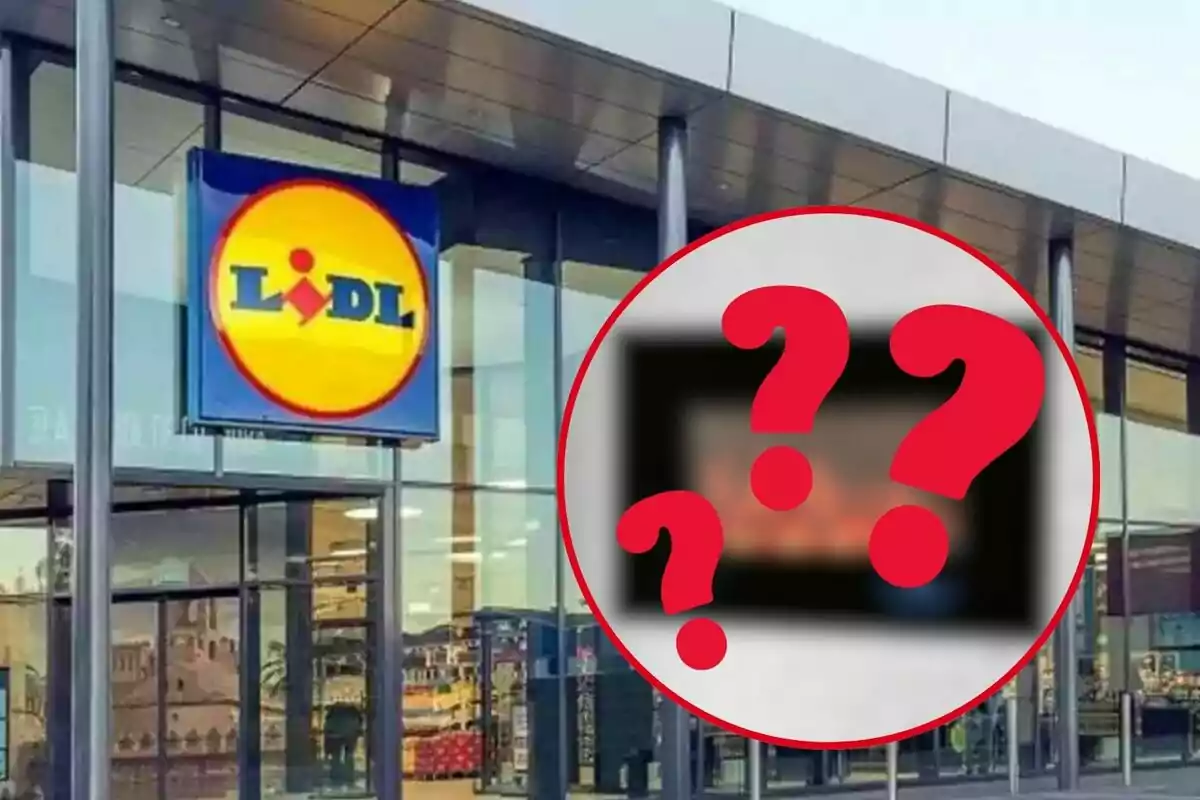 Façana d´una botiga Lidl amb un cercle vermell que conté signes d´interrogació.