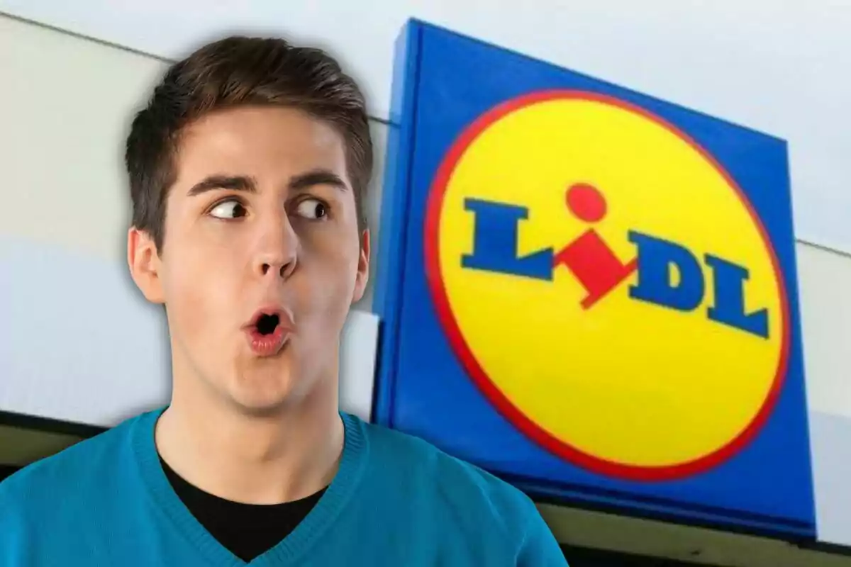 A man with a surprised expression in front of a Lidl store logo.