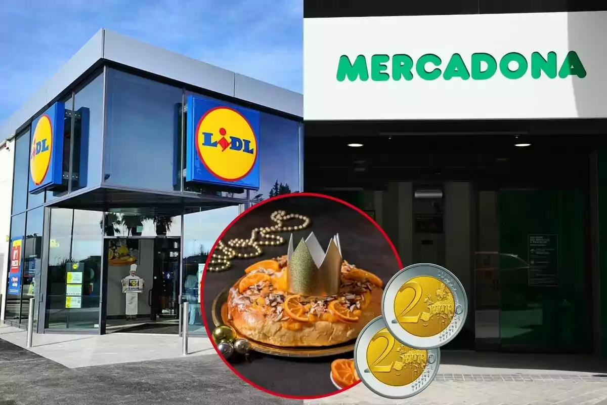 Dos supermercats, Lidl i Mercadona, amb una imatge d'un tortell de Reis i monedes de dos euros al centre.