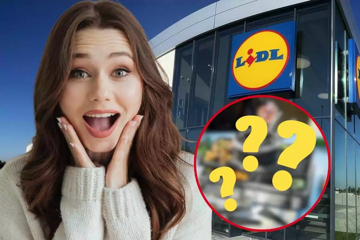 Una dona sorpresa davant d?una botiga de Lidl amb un cercle vermell que conté signes d?interrogació.