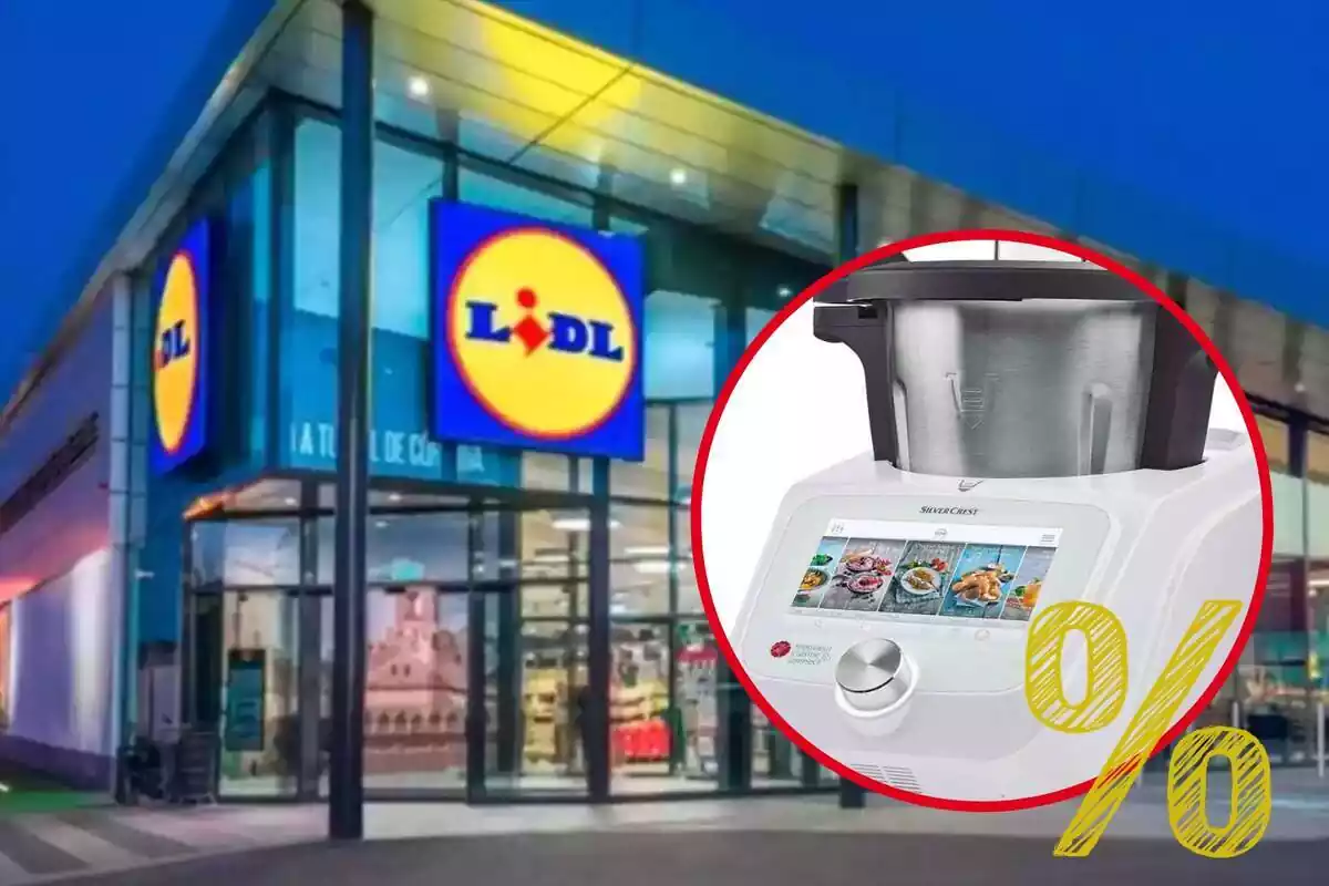 Muntatge amb l'exterior d'una botiga de Lidl, un cercle amb la thermomix Monsieur Cuisine Connect i un signe de percentatge