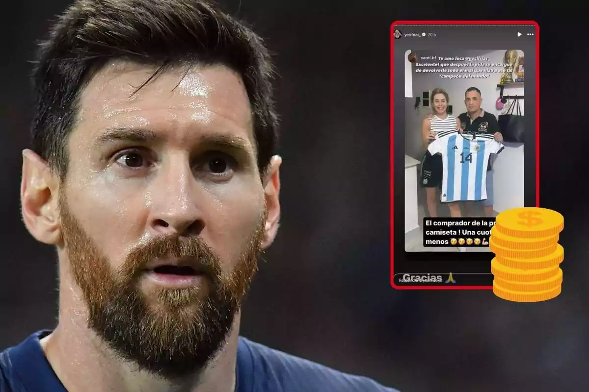 Muntatge amb Lionel Messi suant, Yesica Fredas amb un noi subjectant una samarreta de l'Argentina i unes monedes