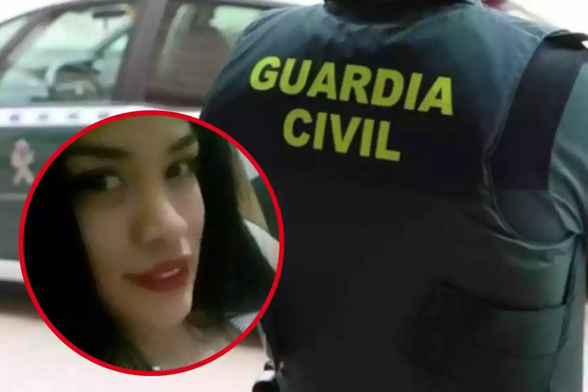 Una persona con chaleco de la Guardia Civil y un recuadro con el rostro de una mujer.