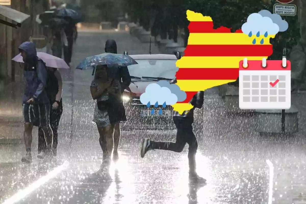 Persones caminant sota la pluja amb paraigües en un carrer mentre un mapa amb franges vermelles i grogues i un calendari amb una marca apareixen superposats.