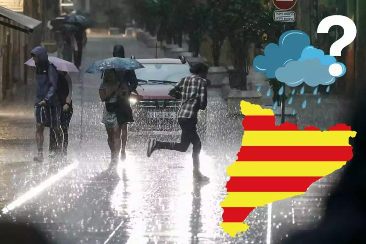 Persones caminant sota la pluja amb paraigües en un carrer, mentre una persona corre; a la cantonada inferior dreta hi ha una il·lustració d'un núvol amb pluja i un mapa amb franges grogues i vermelles.