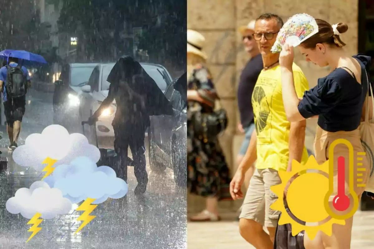 La imatge mostra dues escenes contrastants: a l'esquerra, persones caminant sota una intensa pluja amb paraigües i abrics, mentre que a la dreta, persones caminant sota un sol brillant i calor, una fent servir un ventall per refrescar-se.