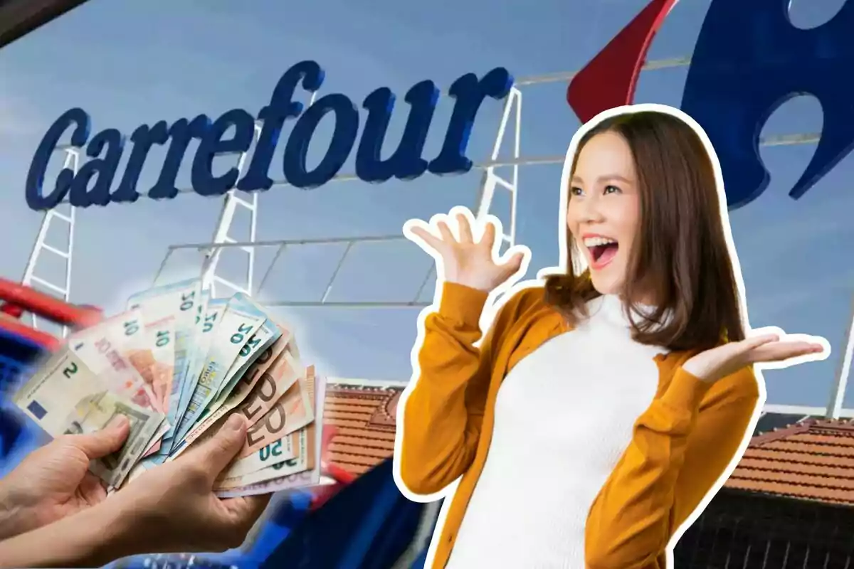 Una mujer sonriente con un fondo del logo de Carrefour y una mano sosteniendo billetes de euro.