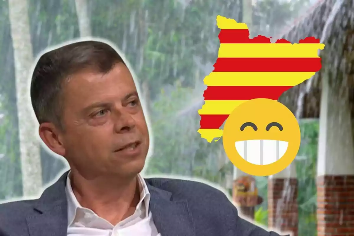 Francesc Mauri con una chaqueta gris y camisa blanca está en primer plano, con un fondo de naturaleza lluviosa y una imagen de la bandera catalana junto a un emoji sonriente.